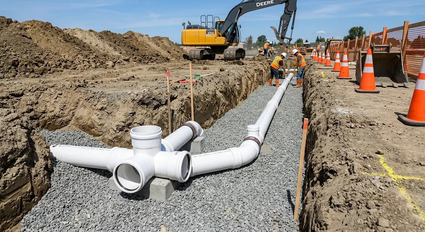 New PVC sewer pipe installation in open trench for Sewer Backup in Green Valley