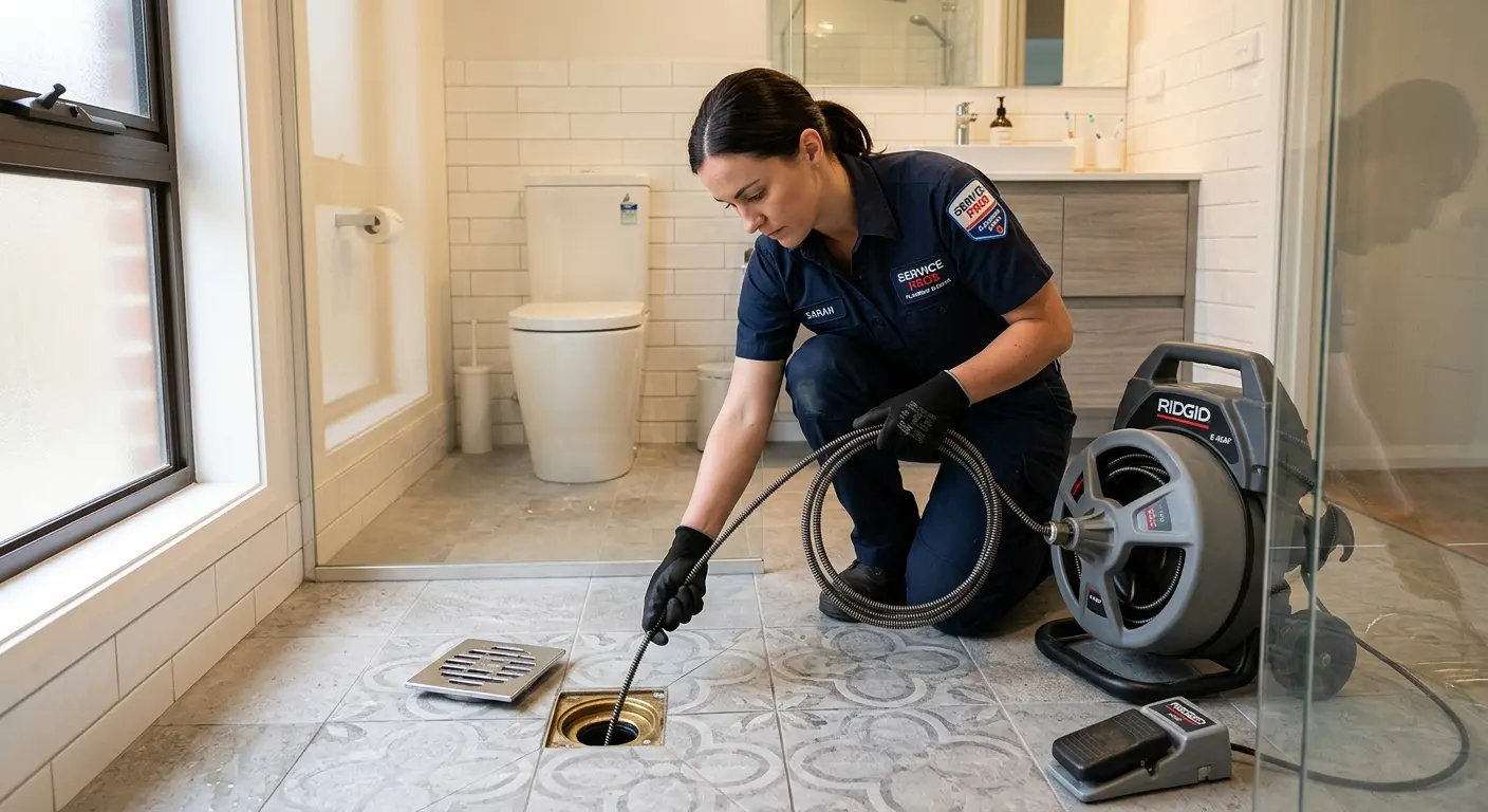 Technician clearing a bathroom floor drain for Drain Cleaning in Green Valley